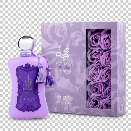 Purple perfume bottle and packaging with floral design on a transparent background