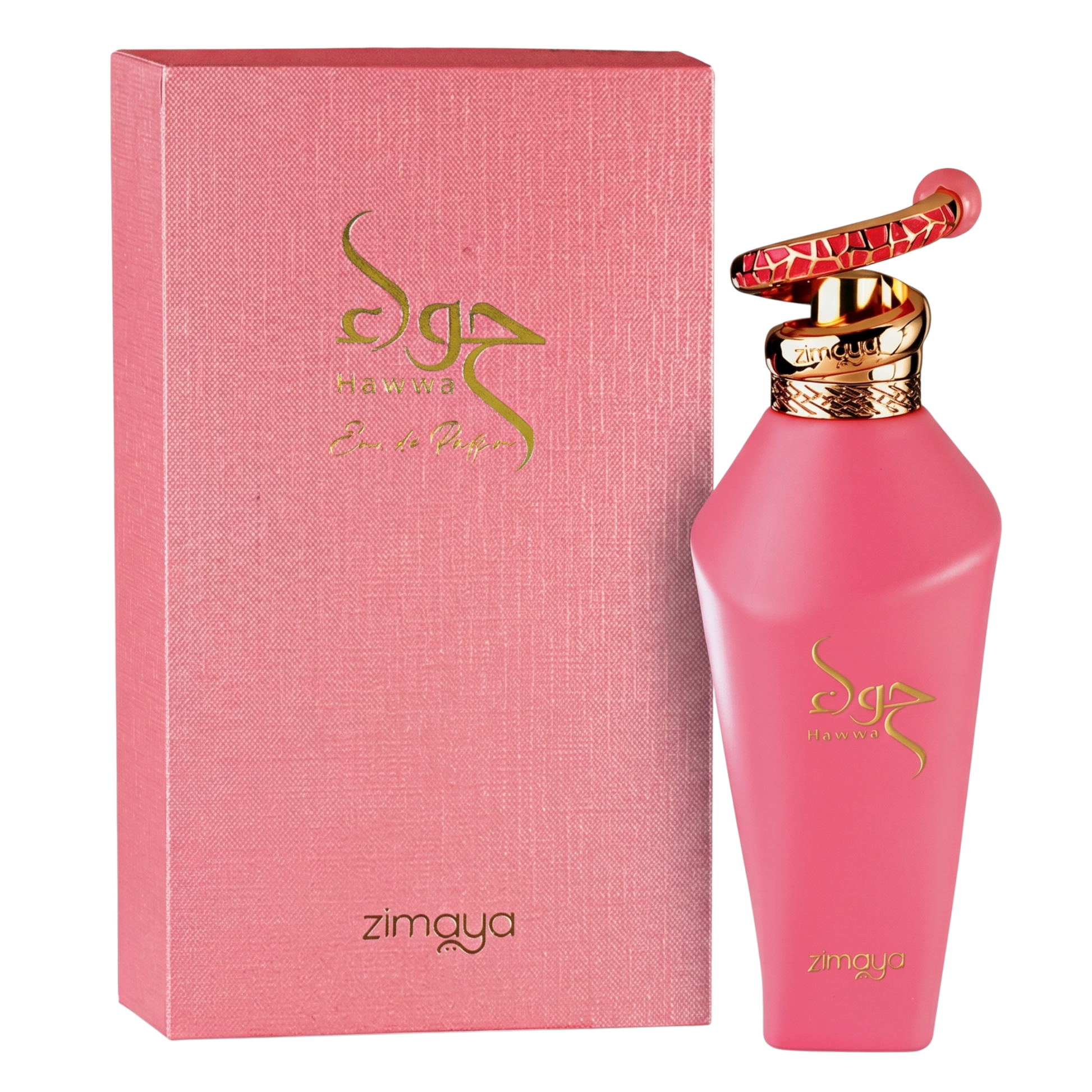 Pink perfume bottle and packaging with 'zimaya' branding on a white background