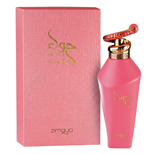 Pink perfume bottle and packaging with 'zimaya' branding on a white background