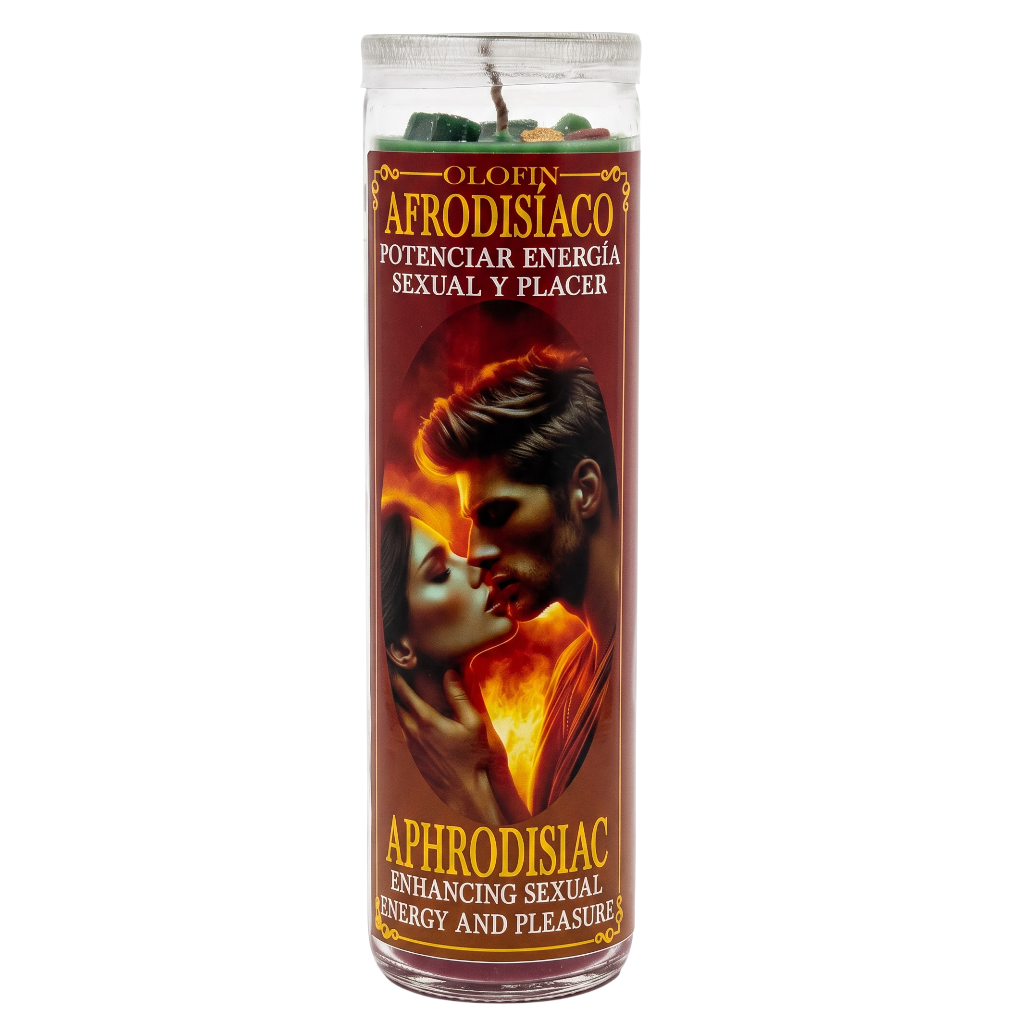 A tall glass jar candle with a brown label featuring a romantic couple and flames, labeled 'Olofin Afrodisiaco' and 'Aphrodisiac Enhancing Sexual Energy and Pleasures'.