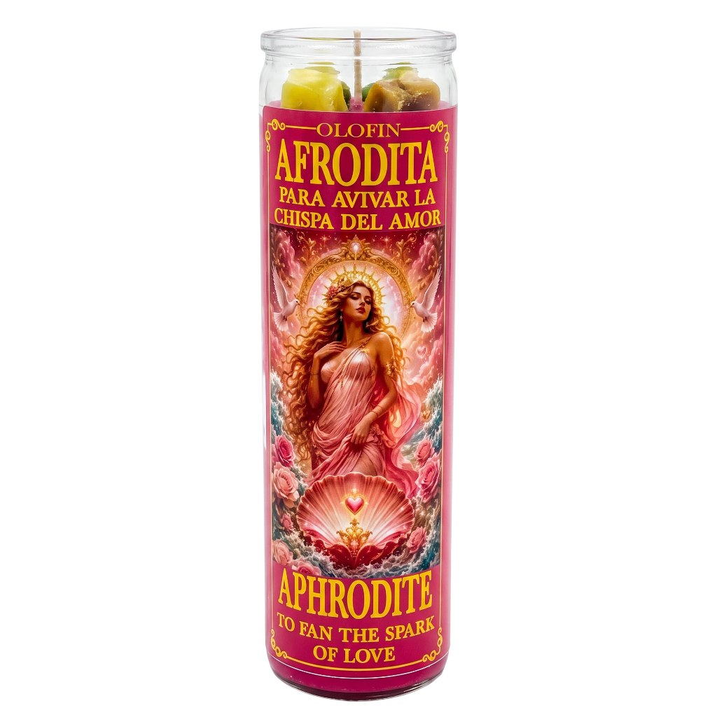 A tall glass jar candle labeled 'Olofin Afrodita' and 'Aphrodite' with a pink label featuring an illustrated female figure and yellow text, shown on a plain white background.