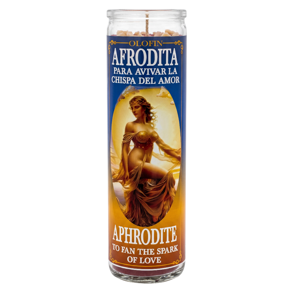 A tall glass jar candle with a blue and gold label featuring an illustration of Aphrodite. The label includes Spanish text 'AFRODITA PARA AVIVAR LA CHISPA DEL AMOR' and English text 'APHRODITE TO FAN THE SPARK OF LOVE'.