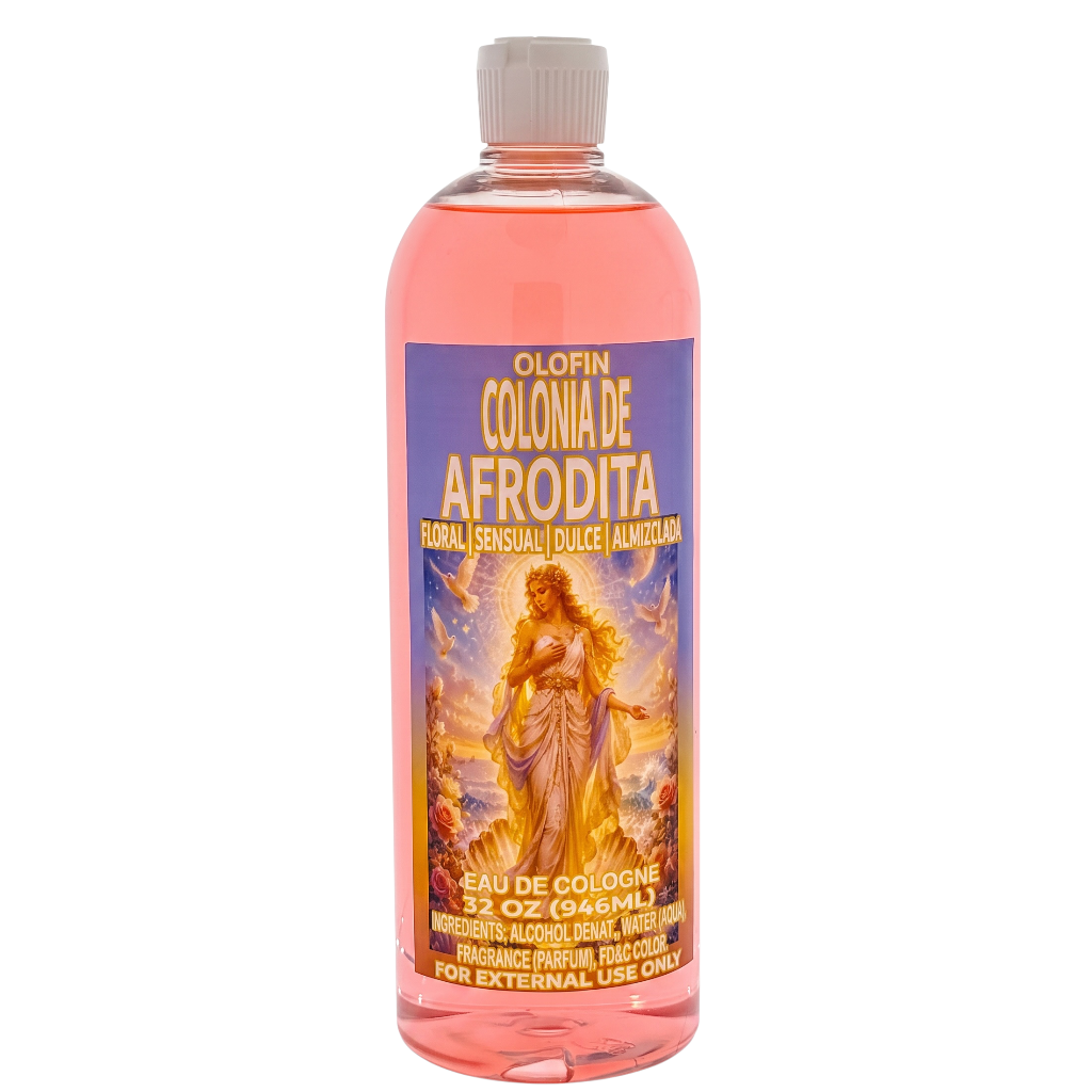A 52 oz bottle of Olofin Colonia de Afrodita Eau de Cologne with pink liquid inside, featuring a purple label with a golden classical figure and yellow text, on a white background.