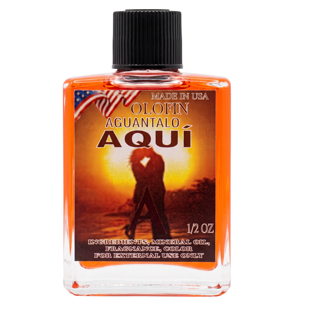 A 1/2 oz bottle of Olofin Aguantalo Aquí essential mistral oil. The clear rectangular bottle is filled with vibrant orange-red oil and topped with a black ribbed cap.