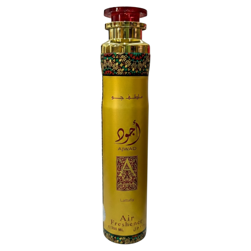 Gold and red air freshener bottle with decorative elements on a white background