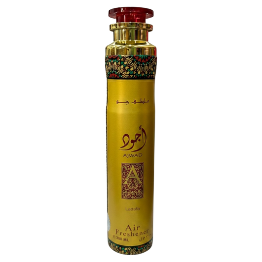 Gold and red air freshener bottle with decorative elements on a white background