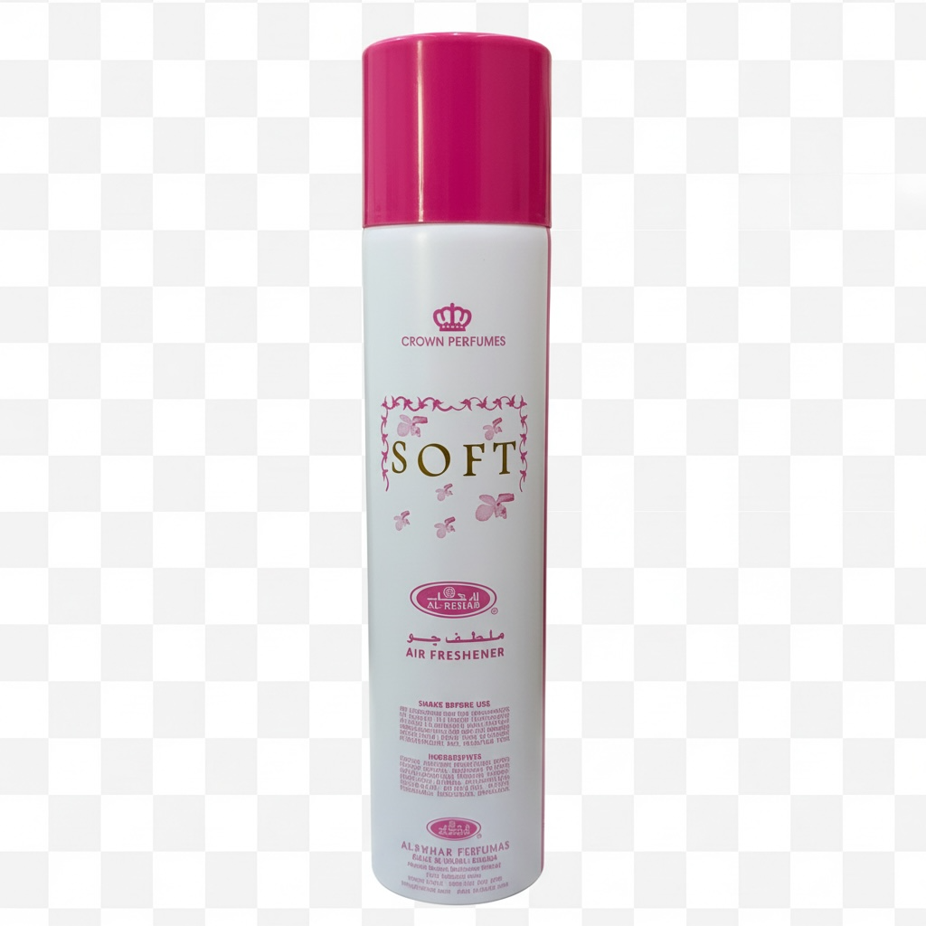 Crown Perfumes air freshener spray with pink cap on a checkered background