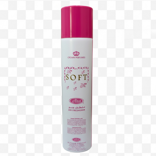 Crown Perfumes air freshener spray with pink cap on a checkered background