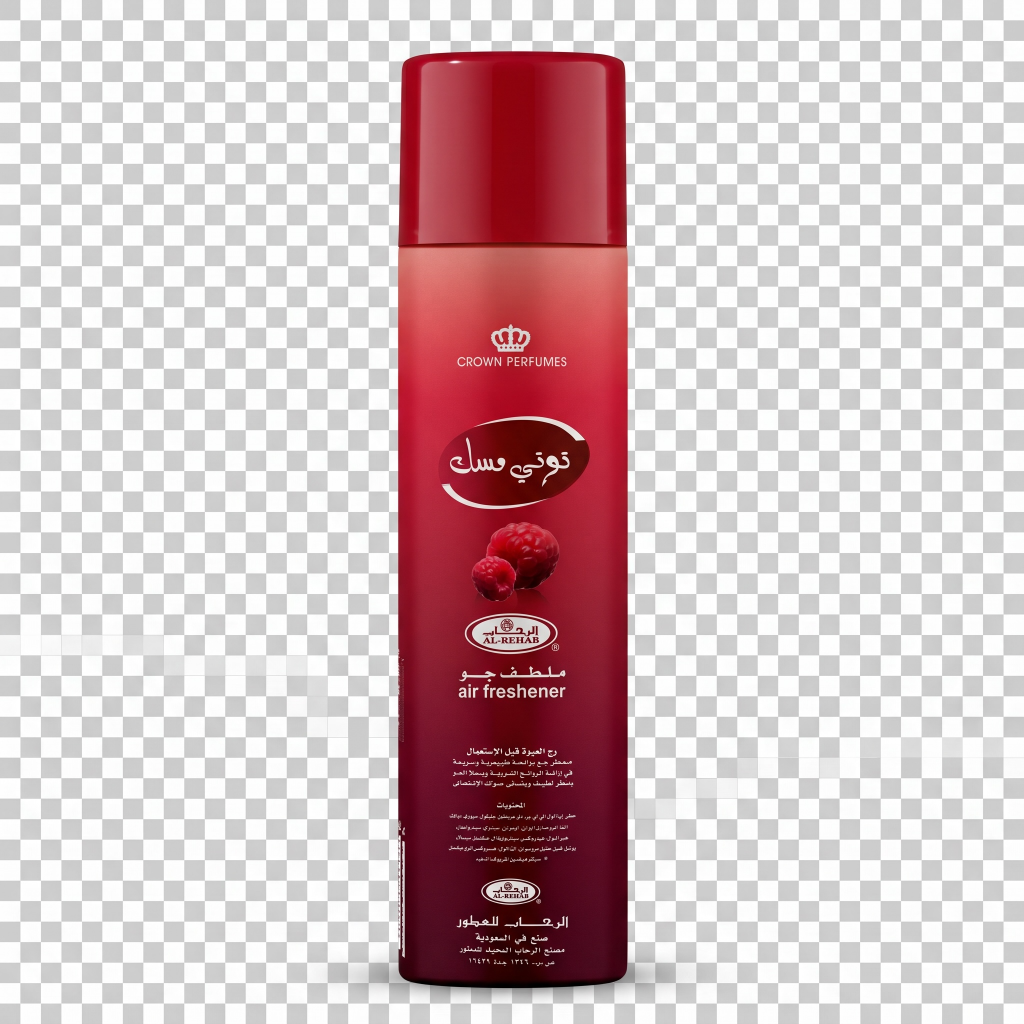 Red air freshener bottle with branding on a transparent background