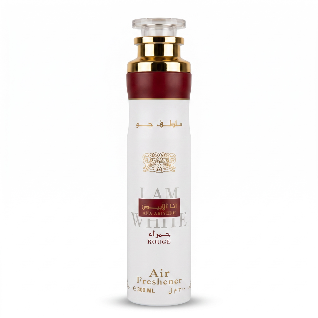 White air freshener bottle with gold and red accents on a white background