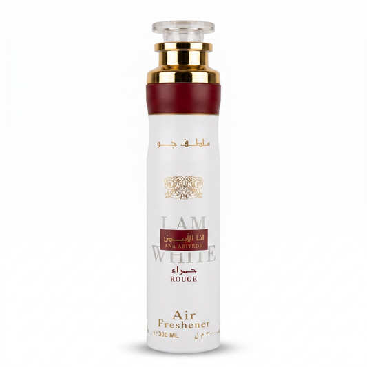 White air freshener bottle with gold and red accents on a white background