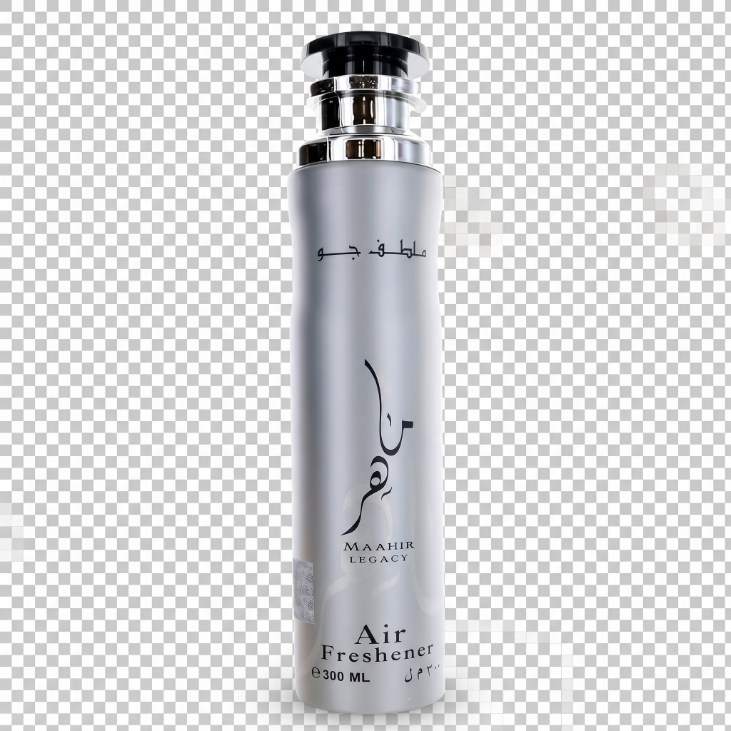 Silver air freshener bottle with black text on a transparent background