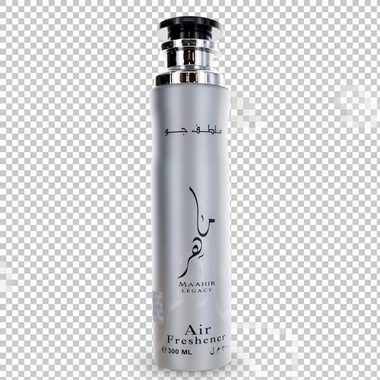 Silver air freshener bottle with black text on a transparent background