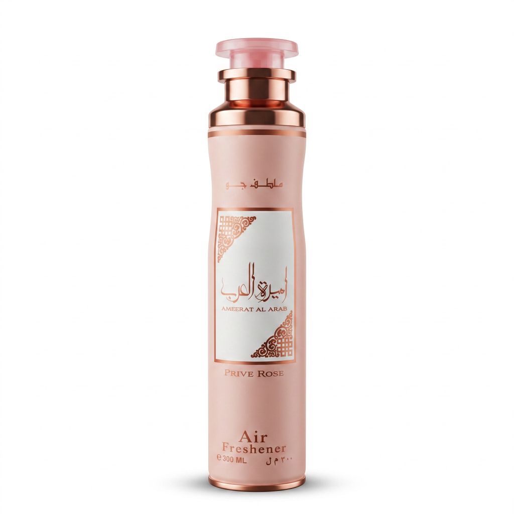 Air freshener bottle with rose gold cap and label on a white background