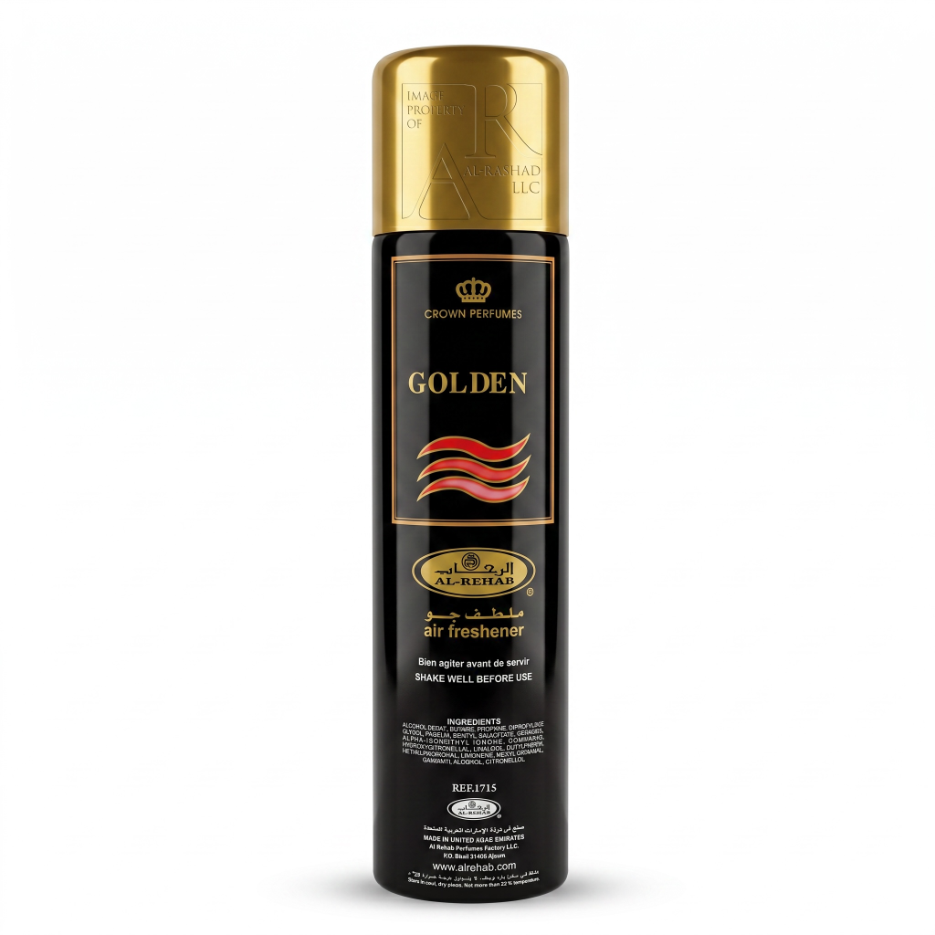 Black air freshener can with gold top on a white background