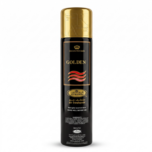 Black air freshener can with gold top on a white background