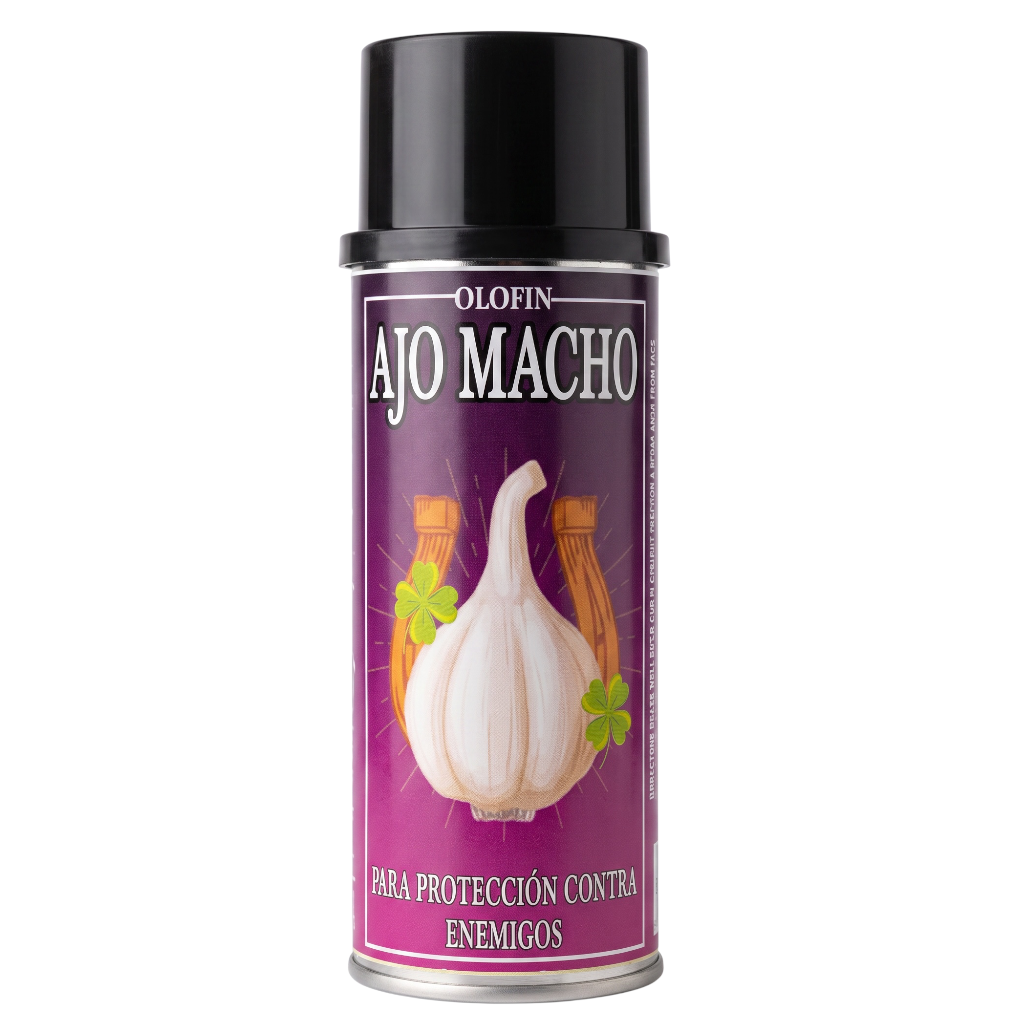 A can of Olofin Ajo Macho spray, designed for pest protection against garlic pests, featuring a purple label with an illustration of a garlic bulb and clovers on a white background.