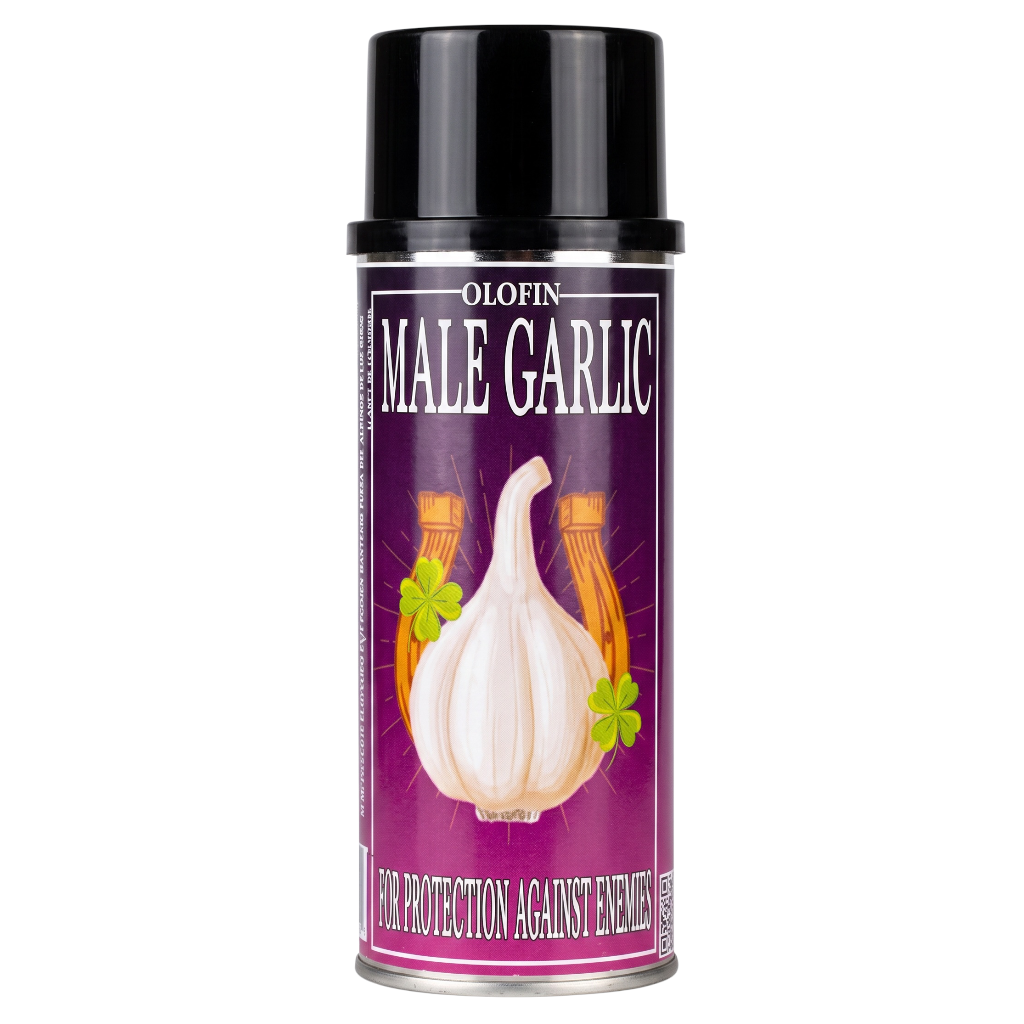 A can of Olofin Male Garlic spray with a black cap and a purple label featuring an illustration of a garlic bulb, set against a plain white background.