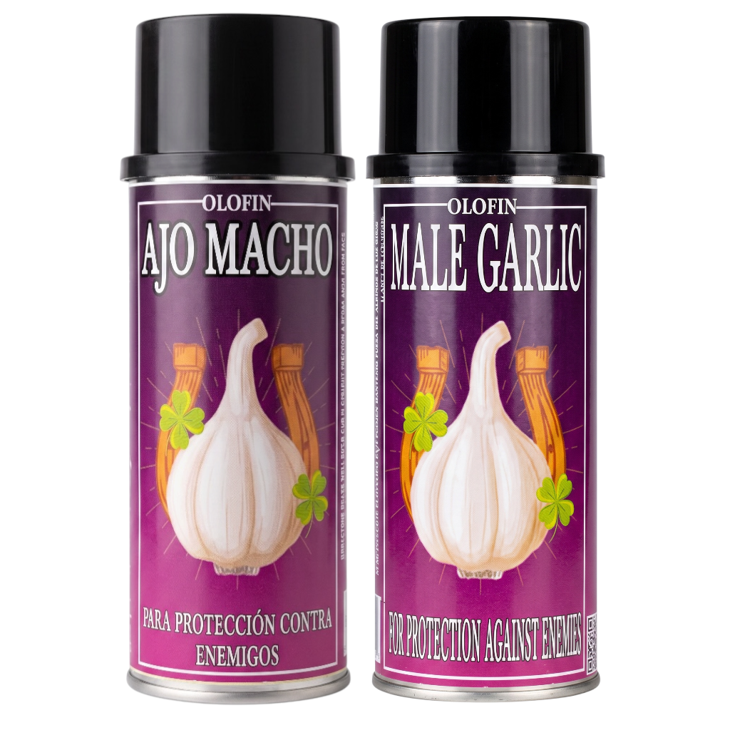 Two Olofin spray cans labeled 'Ajo Macho' and 'Male Garlic' with black caps and purple labels featuring garlic illustrations, shown on a white background.