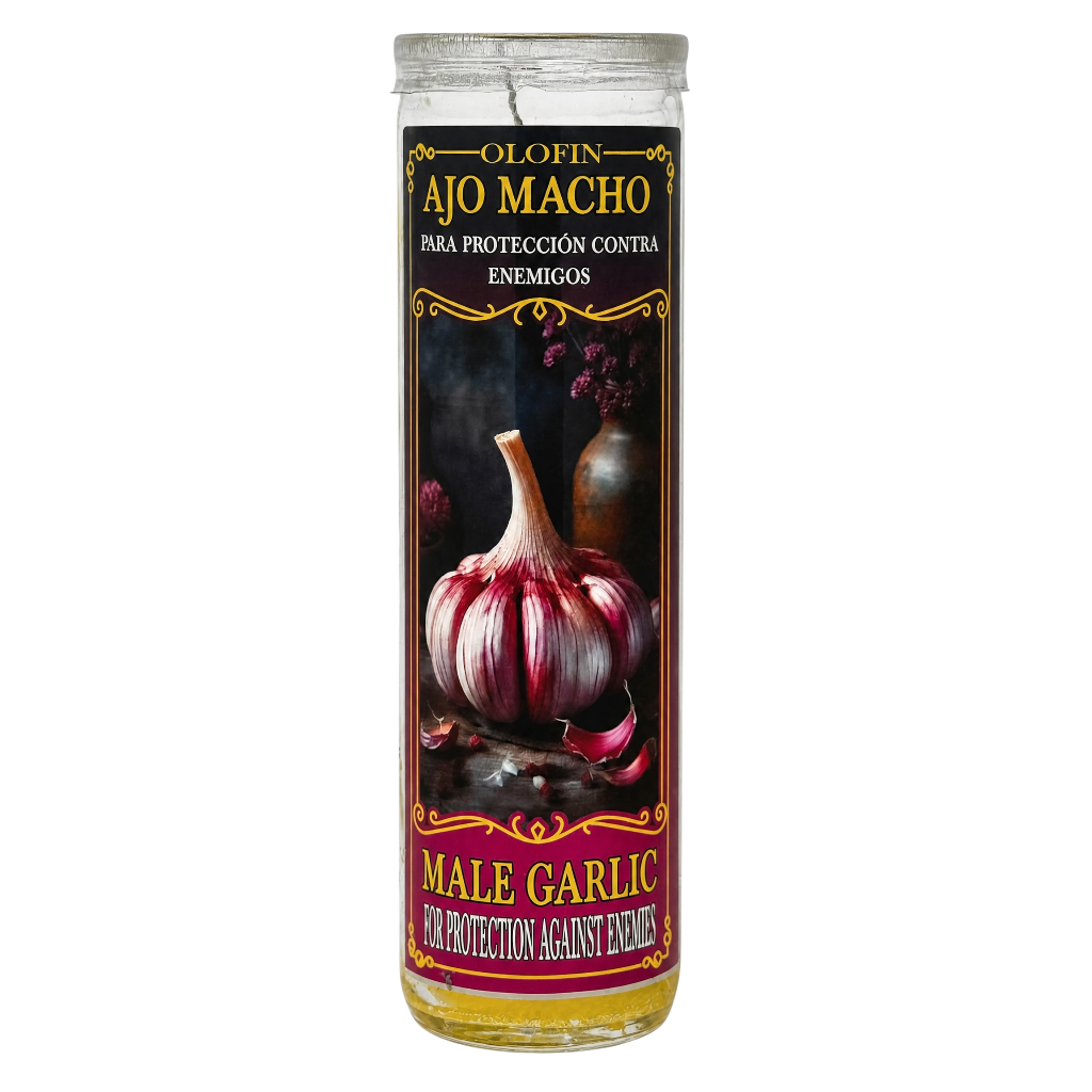 A tall glass jar candle labeled 'Olofin Ajo Macho' for protection against enemies, featuring a large illustration of a male garlic bulb on a dark label with gold and red text.