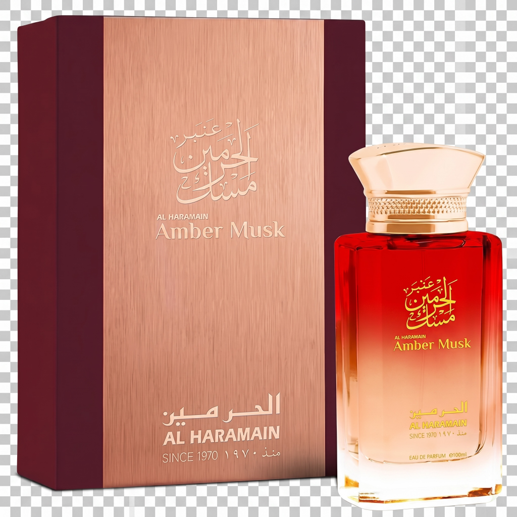 Al Haramain Amber Musk perfume bottle and packaging on a transparent background