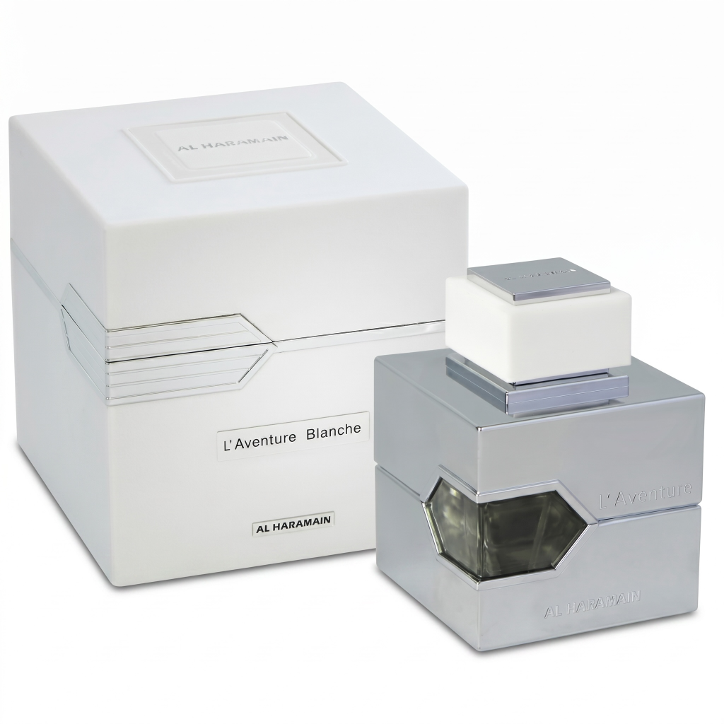 Perfume bottle and packaging of 'L'Aventure Blanche' by Al Haramain on a white background