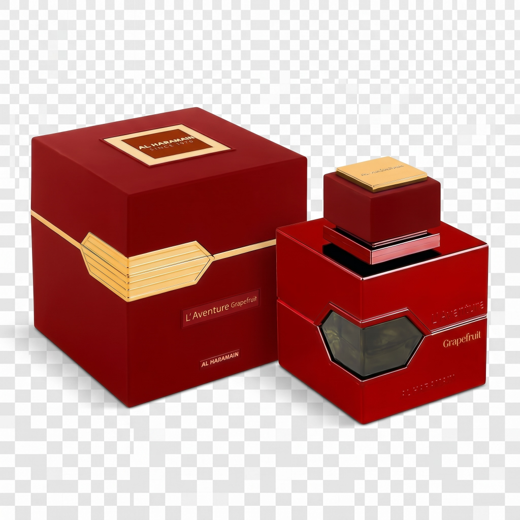 Red perfume bottle and box with gold accents on a transparent background