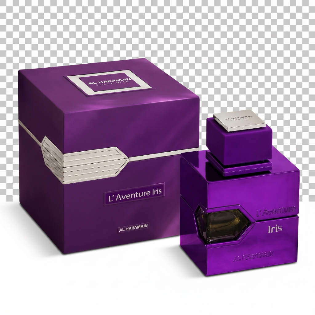 Purple perfume bottle and packaging with 'L'Aventure Iris' branding on a transparent background
