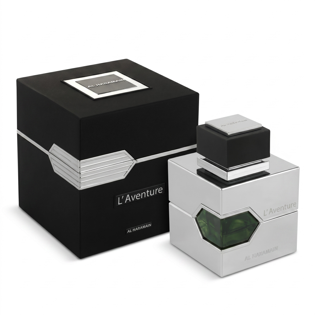 Perfume bottle and packaging of L'Aventure by Al Haramain on a white background