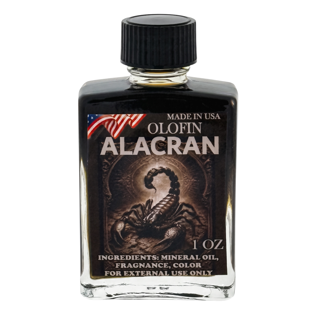 A 1 oz glass bottle of Olofin Alacran external use fragrance, featuring a black cap and a black label with a scorpion illustration and an American flag graphic.