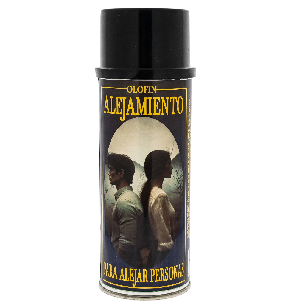A can of Olofin Alejamiento spray for people, featuring a black cap and a label with a dark illustration of a couple facing each other, set against a plain white background.