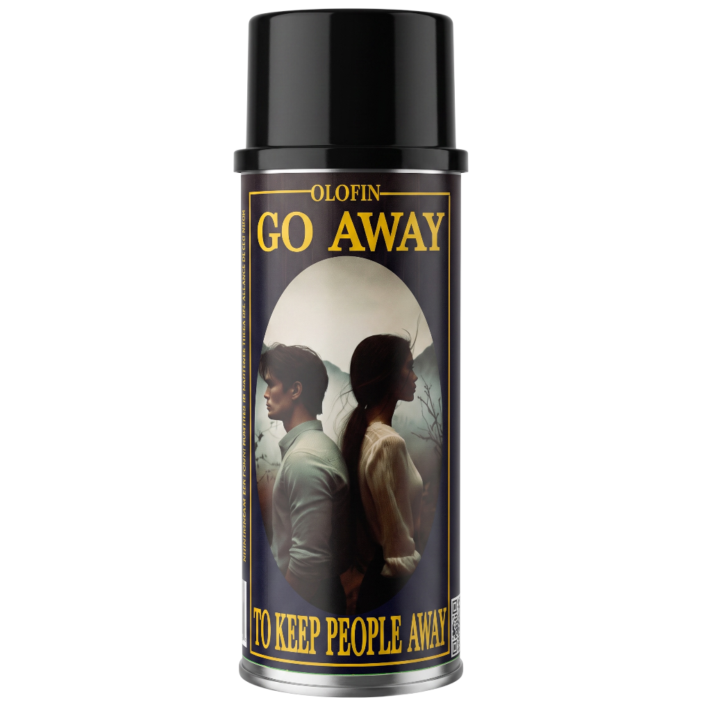 A can of Olofin Go Away insect repellent spray with a black cap and a dark label featuring a vintage-style illustration of a man and woman facing each other, with yellow text.