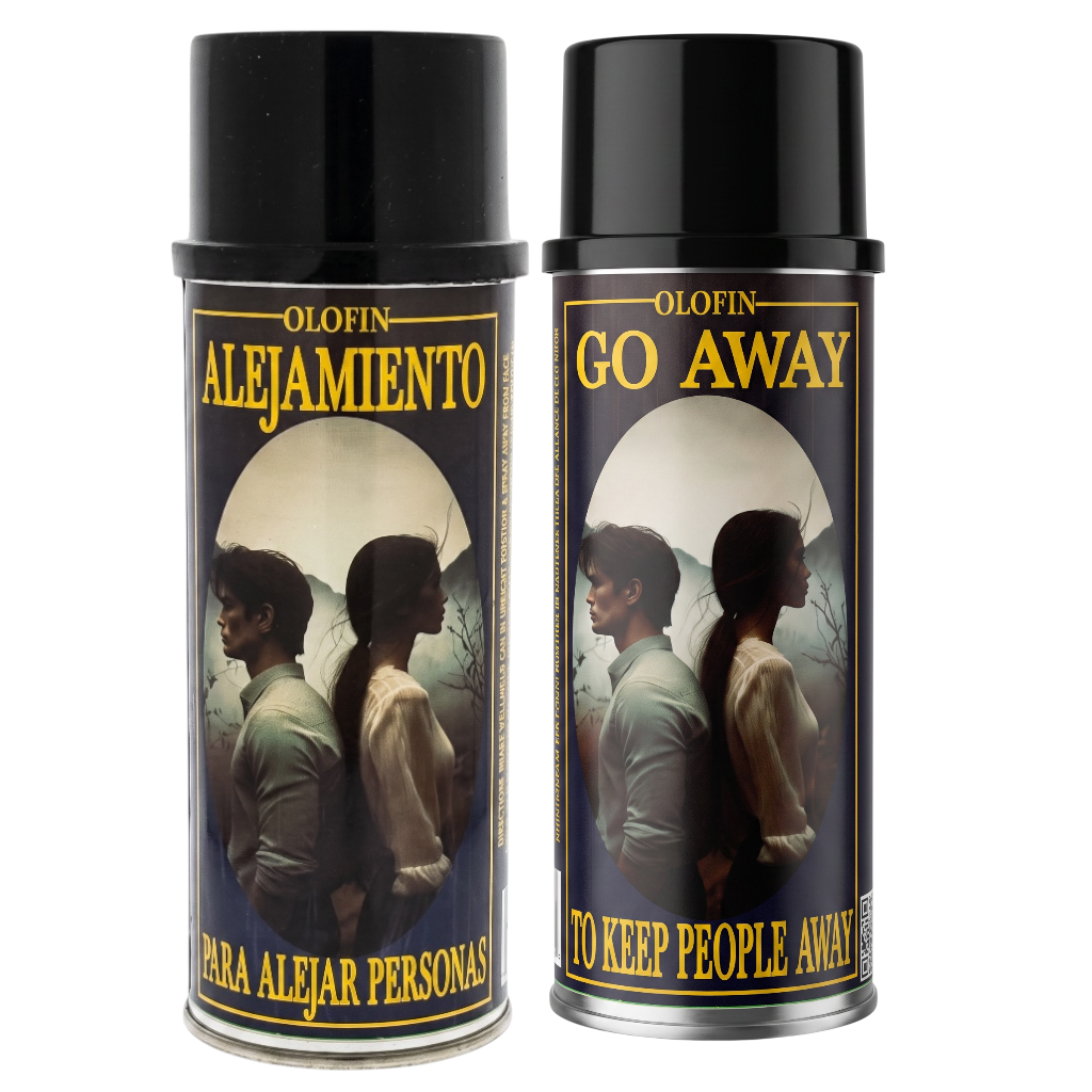 Two Olofin Alejamiento spray cans side by side on a white background, featuring a dark label with gold lettering and an illustration of two people facing each other.