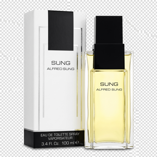 Perfume bottle and packaging of Sung Alfred Sung on a transparent background