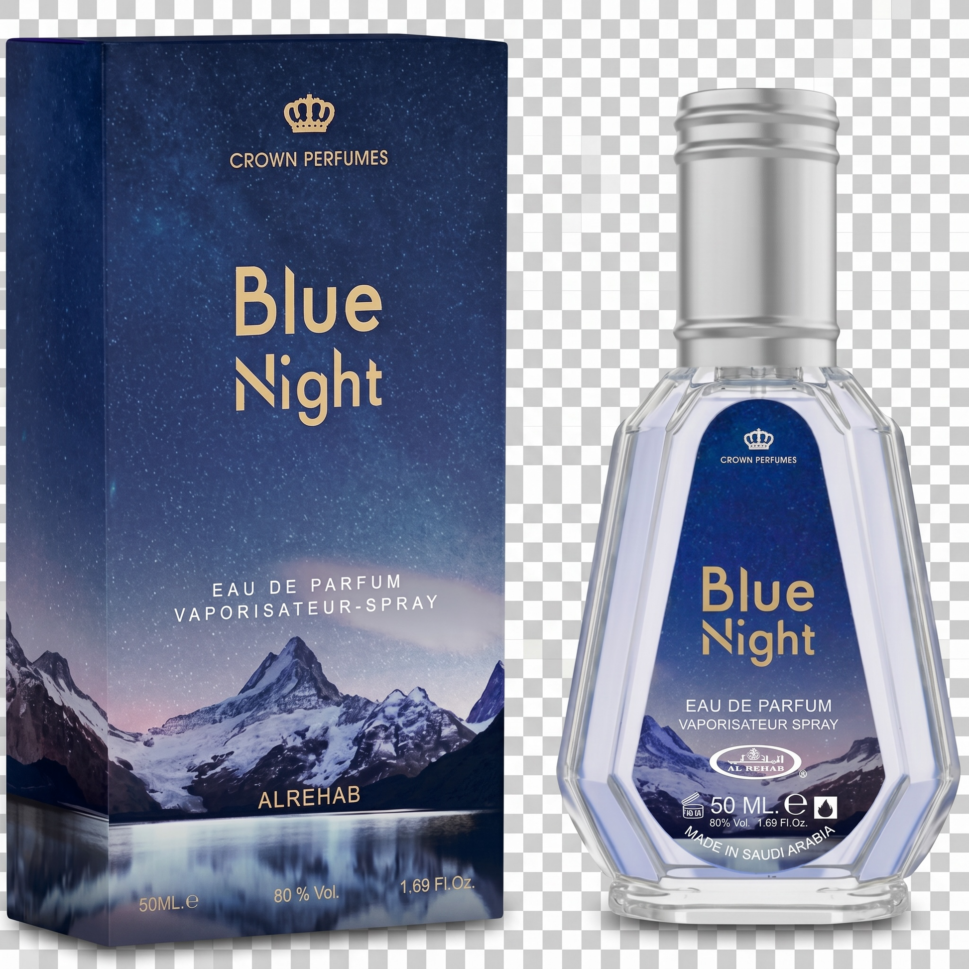 Crown Perfumes Blue Night Eau de Parfum packaging and bottle on a transparent background