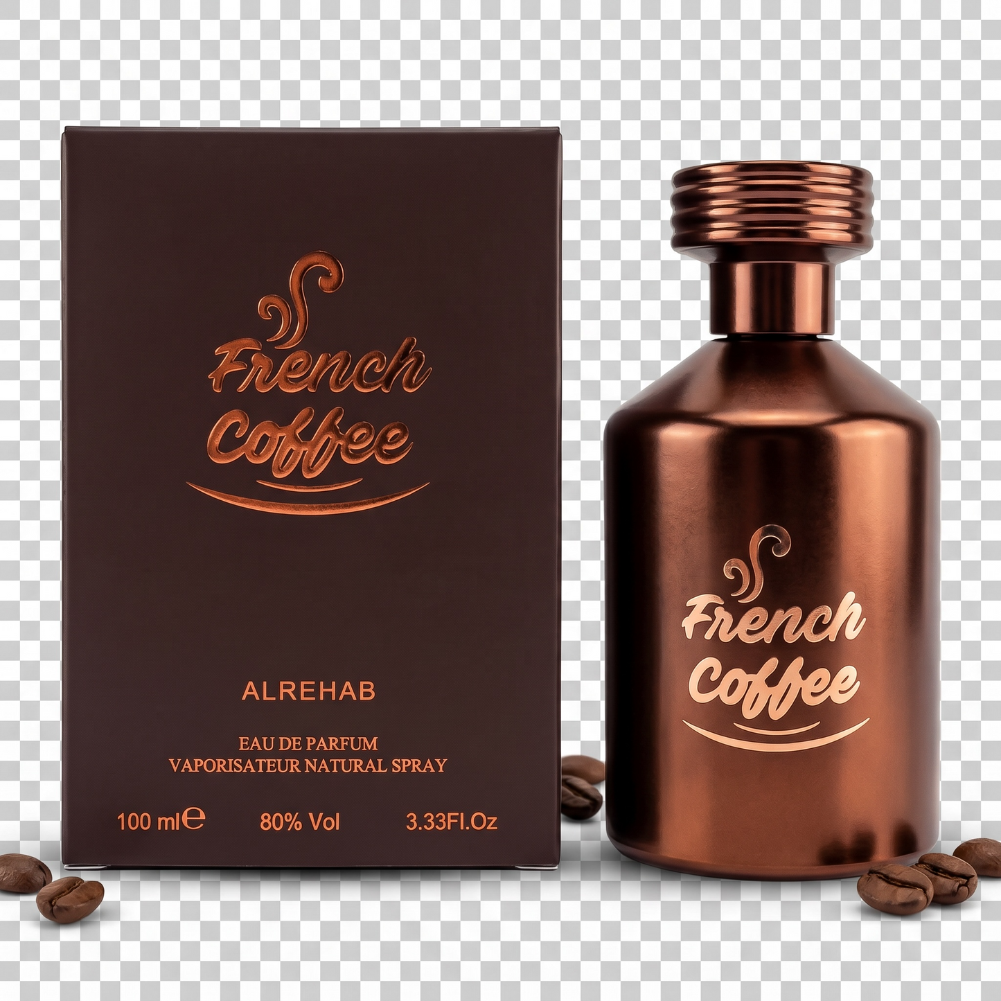 Brown perfume bottle and packaging with 'French Coffee' branding on a transparent background