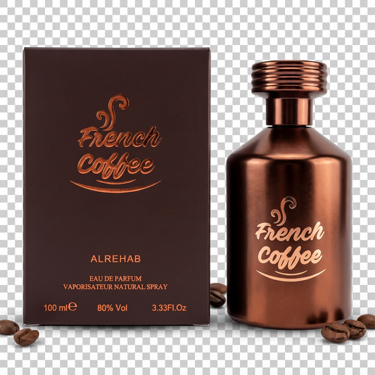 Brown perfume bottle and packaging with 'French Coffee' branding on a transparent background