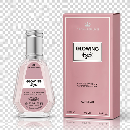 Perfume bottle and packaging of 'Glowing Night' by Alrehab on a transparent background