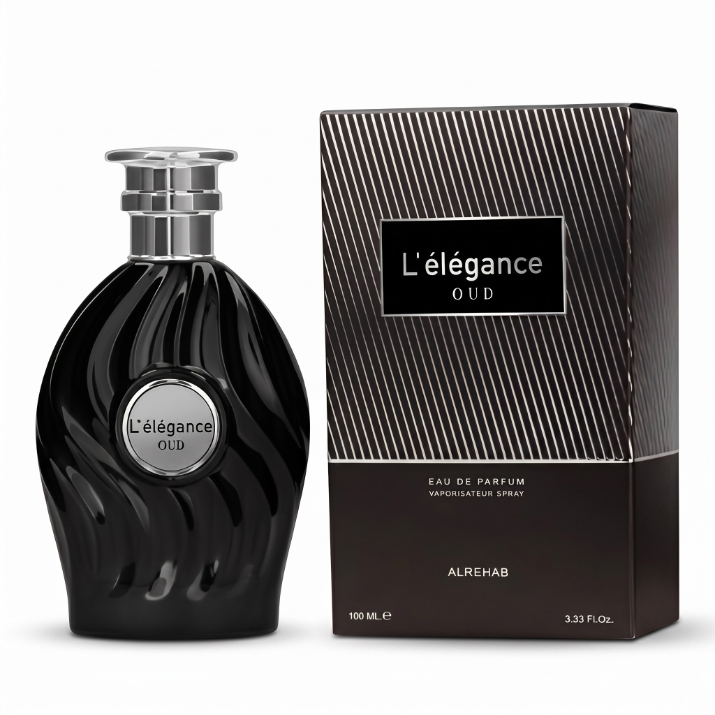 Black perfume bottle and packaging of L'elégance Oud on a white background