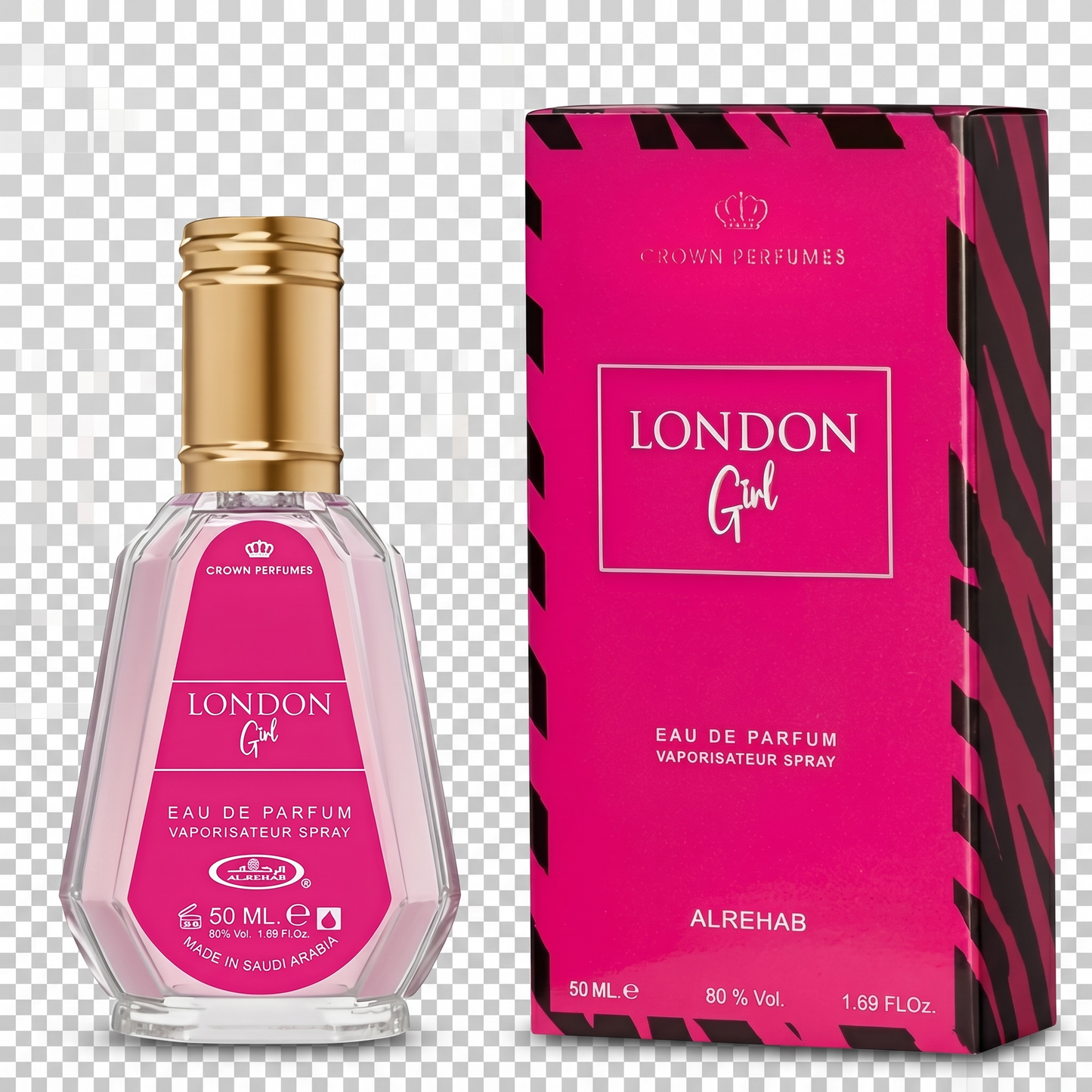 Pink perfume bottle and packaging with 'London Girl' branding on a transparent background