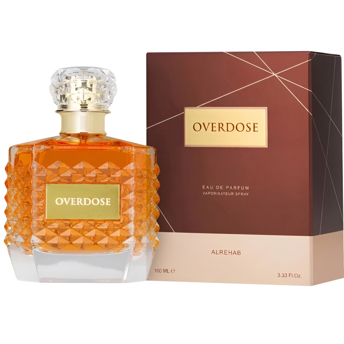 Overdose perfume bottle and packaging on a white background