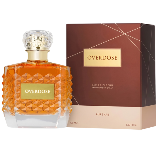 Overdose perfume bottle and packaging on a white background
