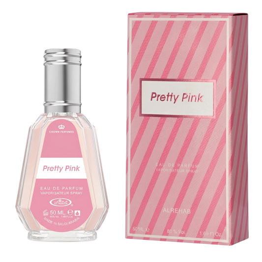 Pretty Pink perfume bottle and packaging on a white background