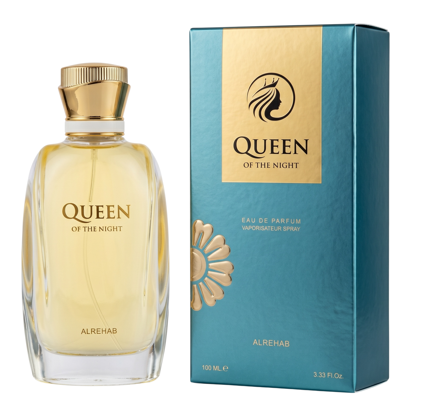 Perfume bottle and packaging of 'Queen of the Night' by Alrehab on a white background