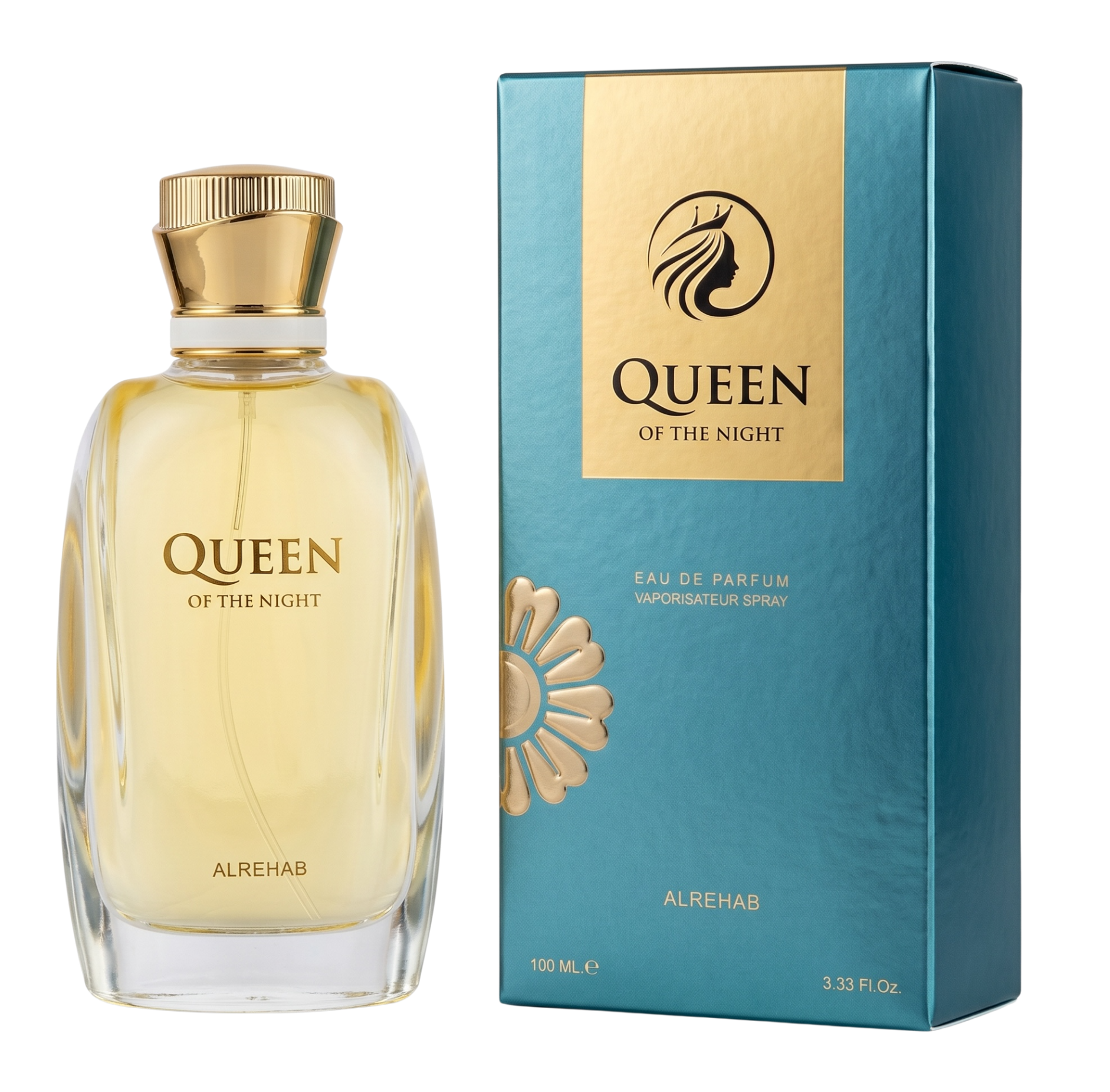 Perfume bottle and packaging of 'Queen of the Night' by Alrehab on a white background