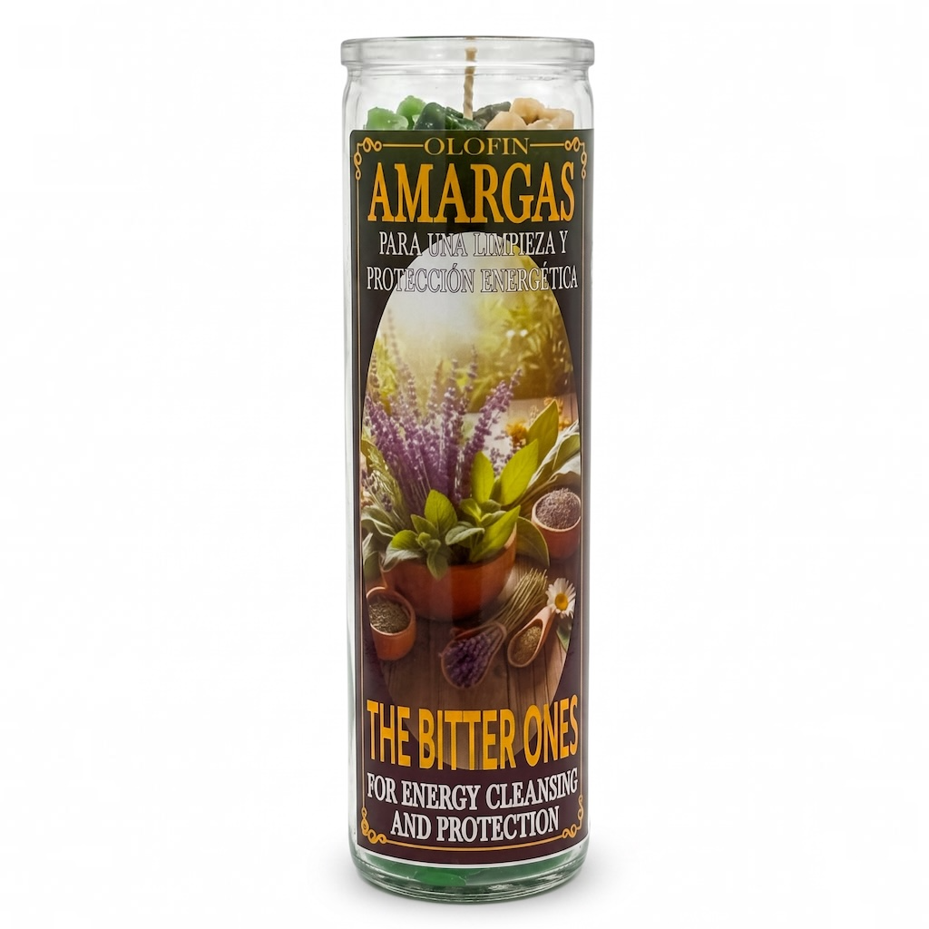 A tall glass jar candle with a colorful label reading 'Olbin Amargas' and 'The Bitter Ones' on a plain white background.