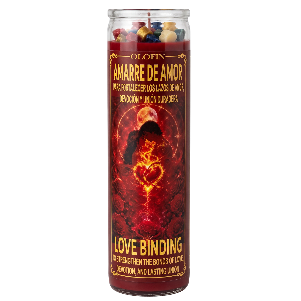 A tall glass devotional candle labeled 'Olofin Amarre de Amor' with a red and black label featuring a glowing heart design and gold text, shown on a plain white background.