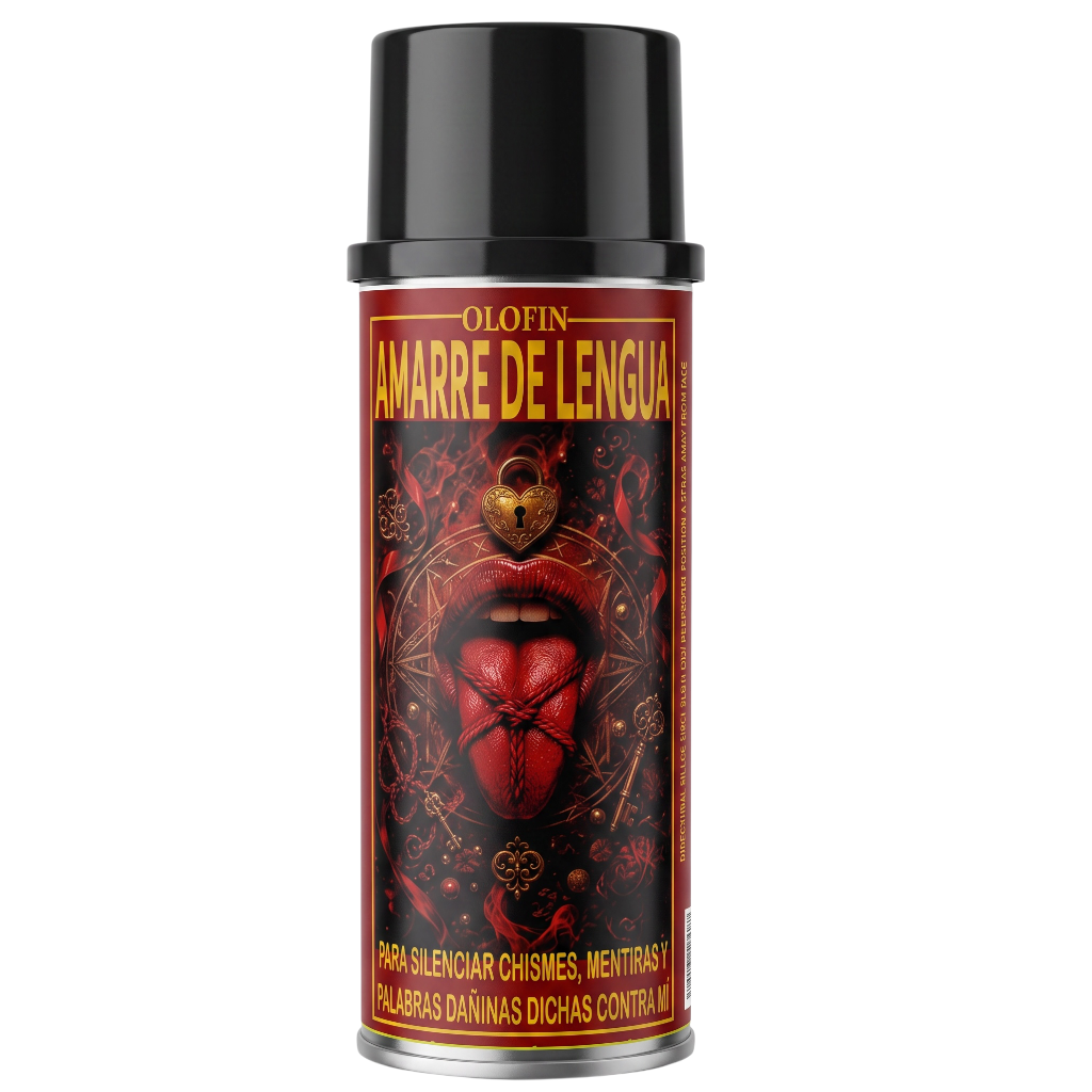 A can of Olofin Amarre de Lengua spray on a plain white background. The product is a black spray can with a red and black label featuring a stylized red tongue and black gothic details.
