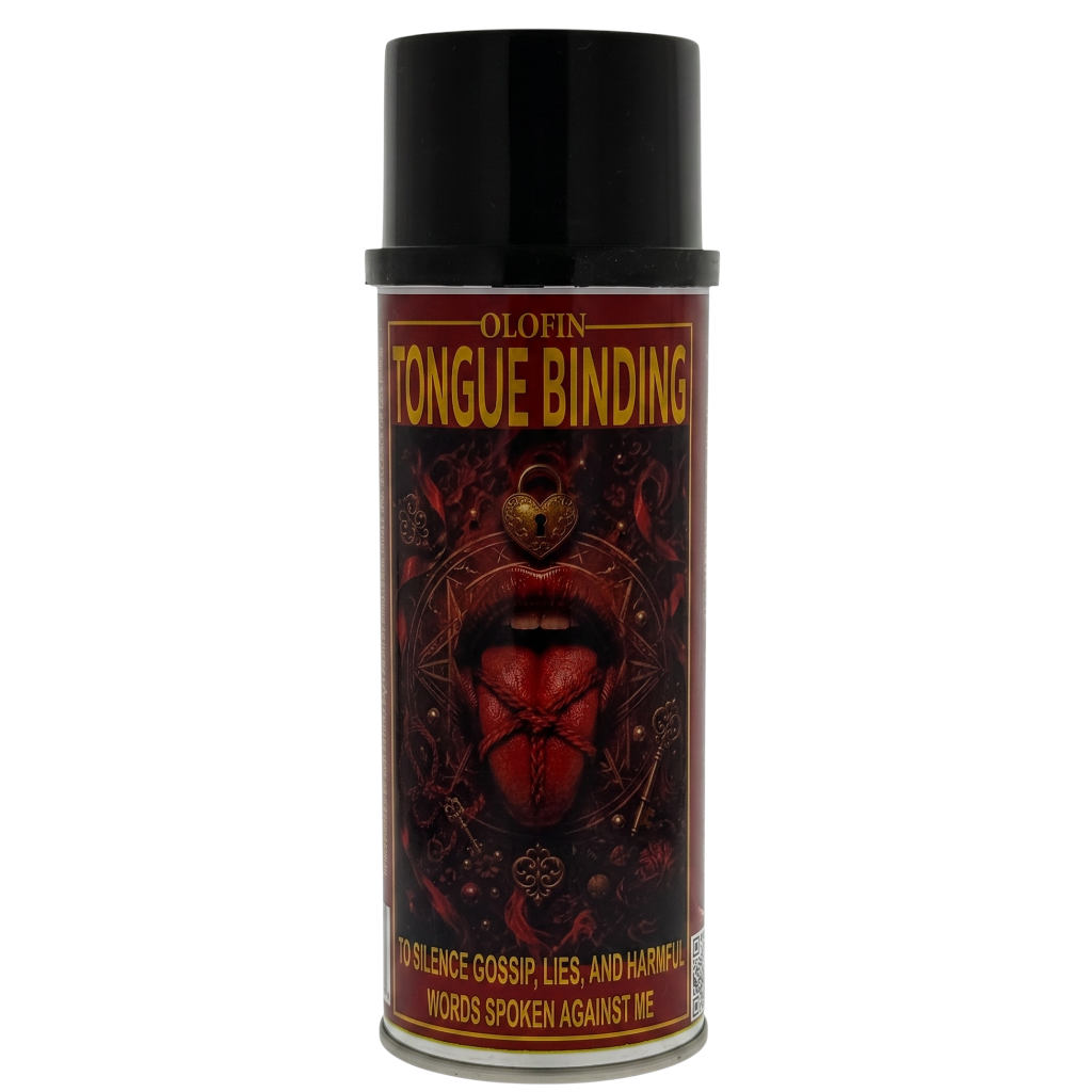 A can of Olofin Tongue Binding spray with a black cap and a dark red label featuring a stylized tongue and lips graphic.