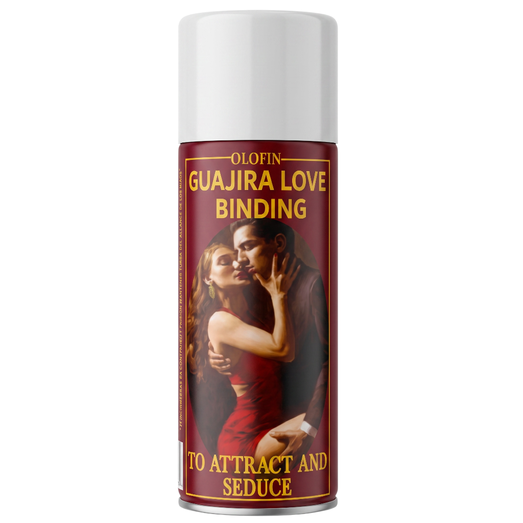 A can of Olofin Gvajira Love Binding spray with a white cap and a dark red label featuring a romantic couple illustration and gold text.